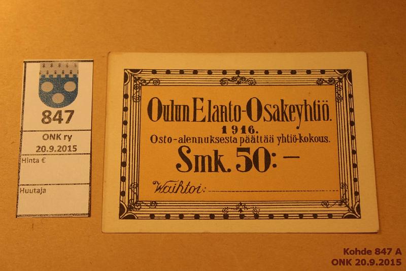 k-0847-a.jpg - Kohde 847, lhthinta: 10 € / myyntihinta: 30 € 50 mk 1916 Oulun Elanto-Osakeyhti. Ei taitteita, kulmissa pyristym, kunto: 6