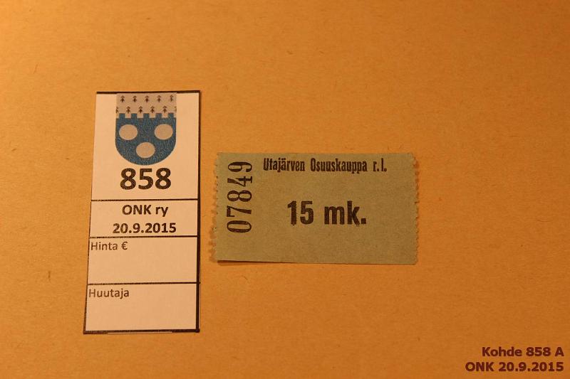 k-0858-a.jpg - Kohde 858, l�ht�hinta: 10 &euro; 15 mk Ilman vuosilukua Utaj�rven Osuuskauppa r.l. n:o 07849, kunto: 7