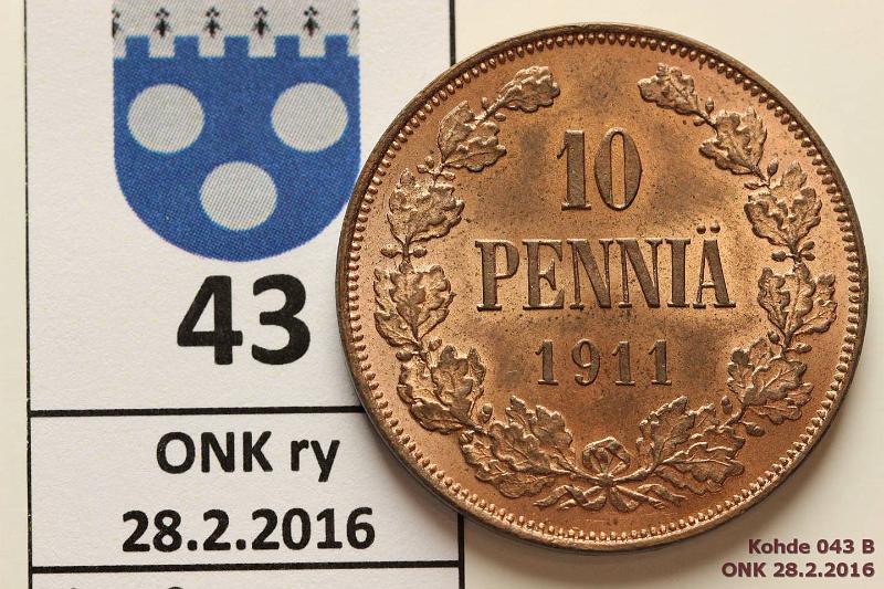 k-0043-b.jpg - Kohde 43 (kuva 2/2), lhthinta: 150 € 10 p 1911 Leimakiilto, loistelias!, kunto: 8/9