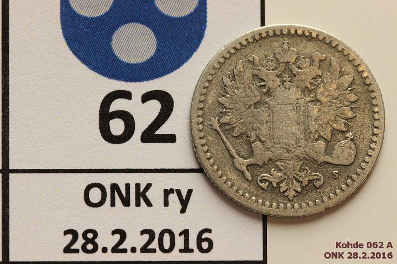 k-0062-a.jpg - Kohde 62 (kuva 1/2), lhthinta: 15 € / myyntihinta: 26 € 50 p 1869 Ag, vuosiluvun 9 vinossa vasemmalle (Parikka 1.2), kunto: 3