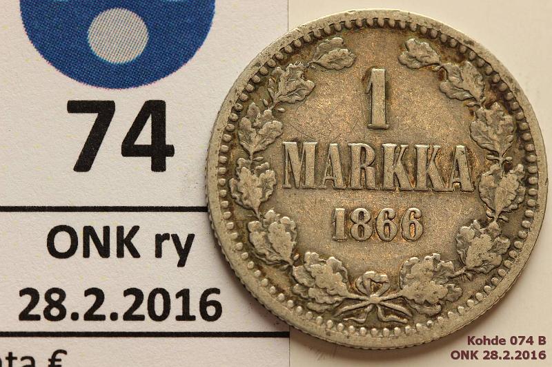 k-0074-b.jpg - Kohde 74 (kuva 2/2), lhthinta: 10 € / myyntihinta: 12 € 1 mk 1866 Ag, 1865 pllelynti: 5/6, kunto: 3/4