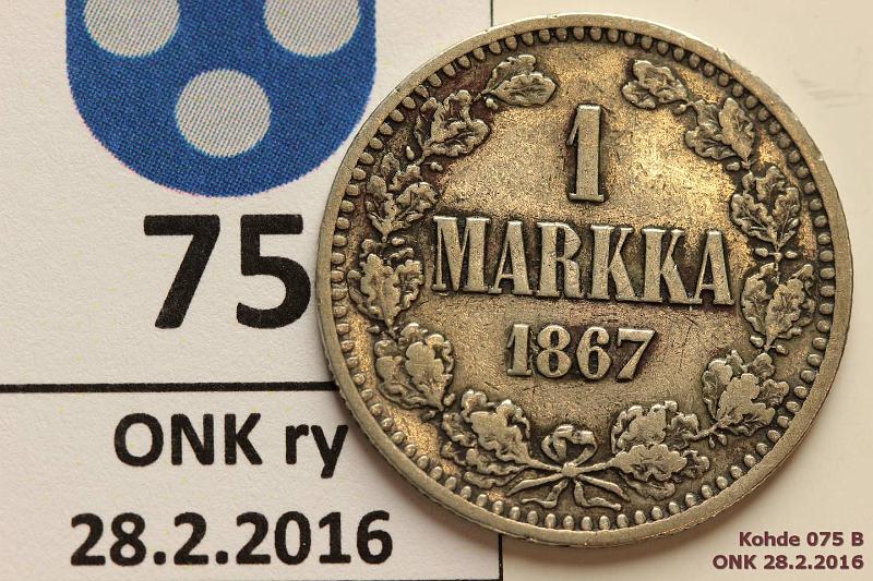 k-0075-b.jpg - Kohde 75 (kuva 2/2), l�ht�hinta: 10 &euro; / myyntihinta: 34 &euro; 1 mk 1867 Ag, SNY 400.1, eprvja, kunto: 3/4