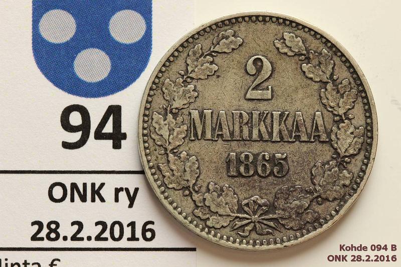 k-0094-b.jpg - Kohde 94 (kuva 2/2), lhthinta: 12 € / myyntihinta: 16 € 2 mk 1865 Ag, SNY 493.1, ei palloja, kunto: 4