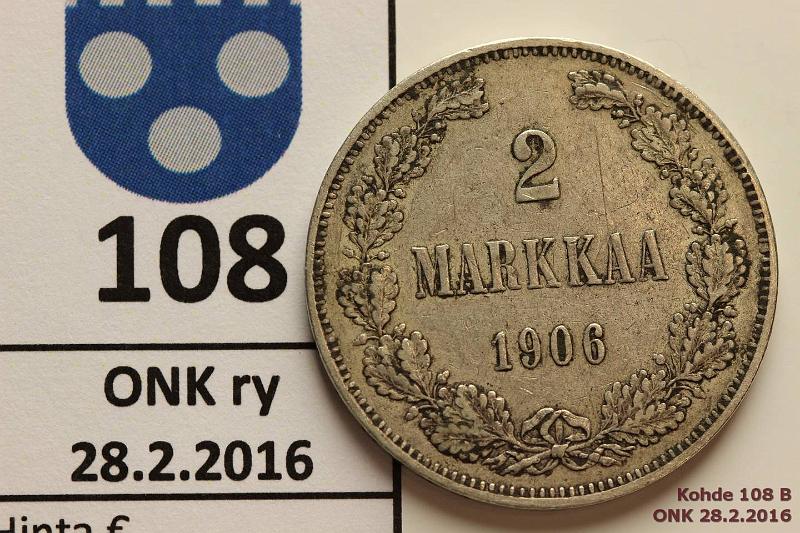 k-0108-b.jpg - Kohde 108 (kuva 2/2), lhthinta: 15 € / myyntihinta: 23 € 2 mk 1906 Ag, SNY 500.1, pitk /, naarmu, likaa, kunto: 5/4