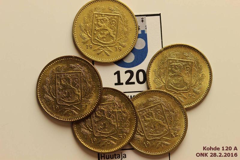 k-0120-a.jpg - Kohde 120, l�ht�hinta: 30 &euro; / myyntihinta: 30 &euro; 5 mk Er� (5) 1939-52 AlBr/Mess, 1939, 42, 50, 51, 52, hyv�kuntoinen er�!, kunto: 7-9