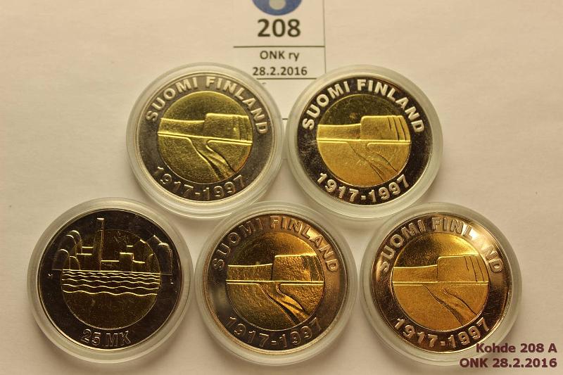 k-0208-a.jpg - Kohde 208, lhthinta: 25 € / myyntihinta: 42 € 10 mk 1997 (5) 2-metalliraha, itsenisyys, kapselit, kunto: 9