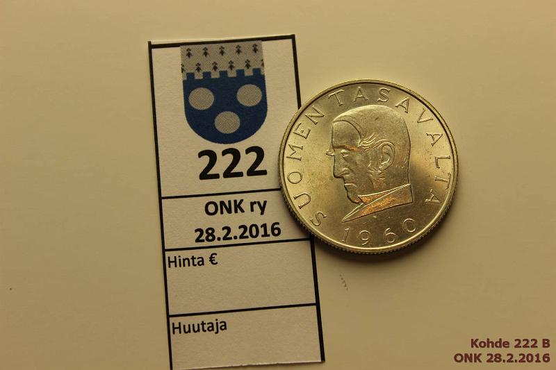 k-0222-b.jpg - Kohde 222 (kuva 2/2), lhthinta: 15 € / myyntihinta: 26 € 1000 mk 1960 Ag, loistelias!, kunto: 9