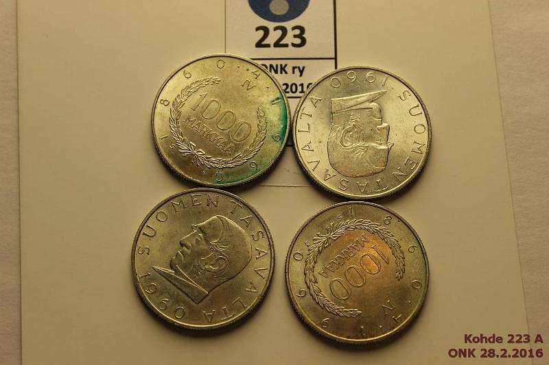 k-0223-a.jpg - Kohde 223, l�ht�hinta: 40 &euro; / myyntihinta: 40 &euro; 1000 mk 1960 (4) Ag, yhdess� hom., kunto: 8