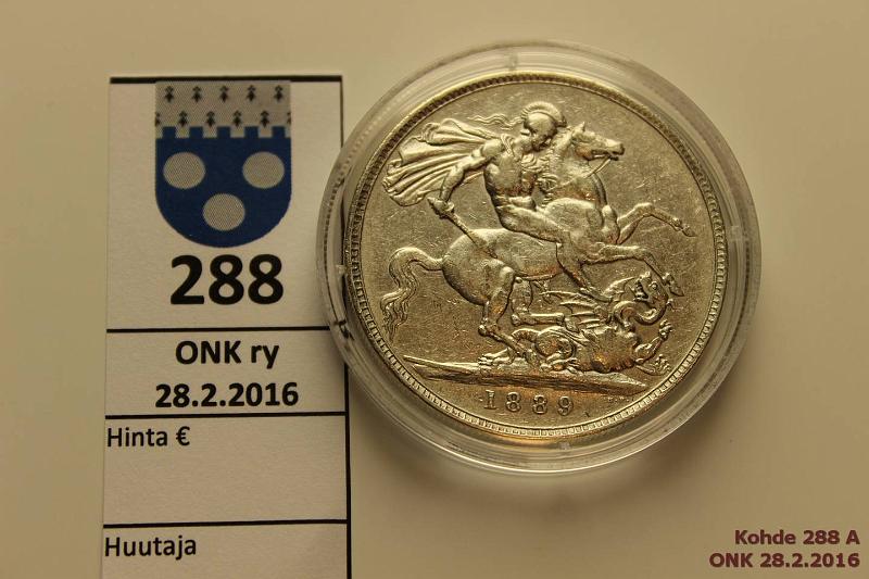 k-0288-a.jpg - Kohde 288 (kuva 1/2), lhthinta: 12 € / myyntihinta: 29 € UK 1 crown 1889 KM#765 Ag, 28,3g/925, Victoria, puhd, kapseli, kunto: 6