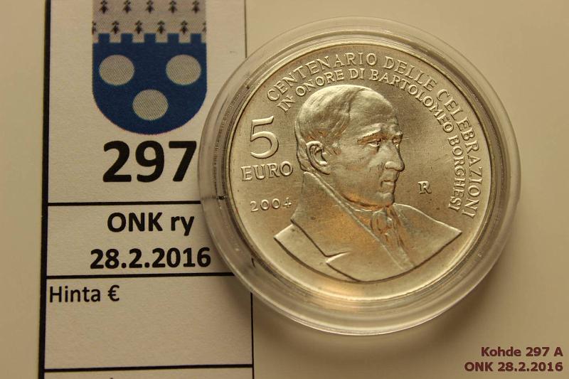 k-0297-a.jpg - Kohde 297, l�ht�hinta: 10 &euro; / myyntihinta: 10 &euro; San Marino 5 &euro; 2004 KM#458 Ag, Bartolomeo Borghesi, kapseli, kunto: 9