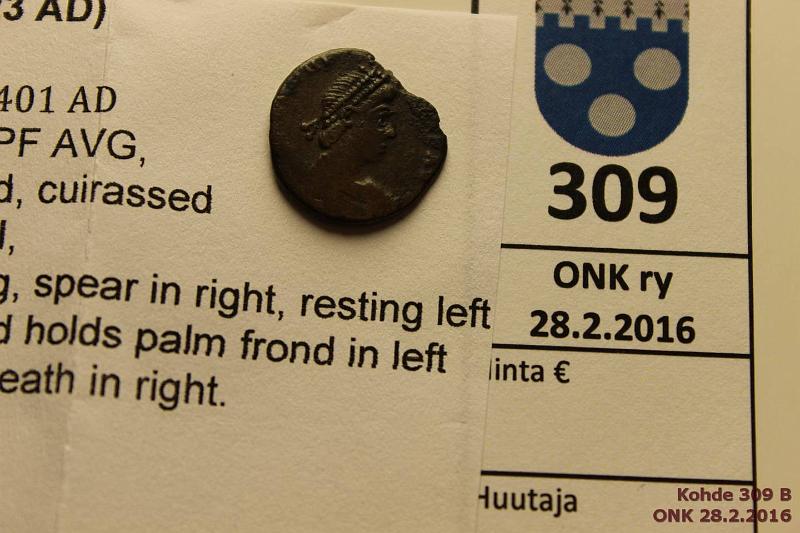 k-0309-b.jpg - Kohde 309 (kuva 2/2), lhthinta: 15 € Rooma RIC#X63 Honorius 399-423 AD, Nicomedia mint, vajaa, kunto: 2