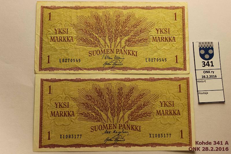 k-0341-a.jpg - Kohde 341, l�ht�hinta: 12 &euro; / myyntihinta: 16 &euro; 1 mk 1963 (2) SNY 114.1 L8270545 WAR-AAs, X1083177 KA I-AAs, kunto: 3, 5