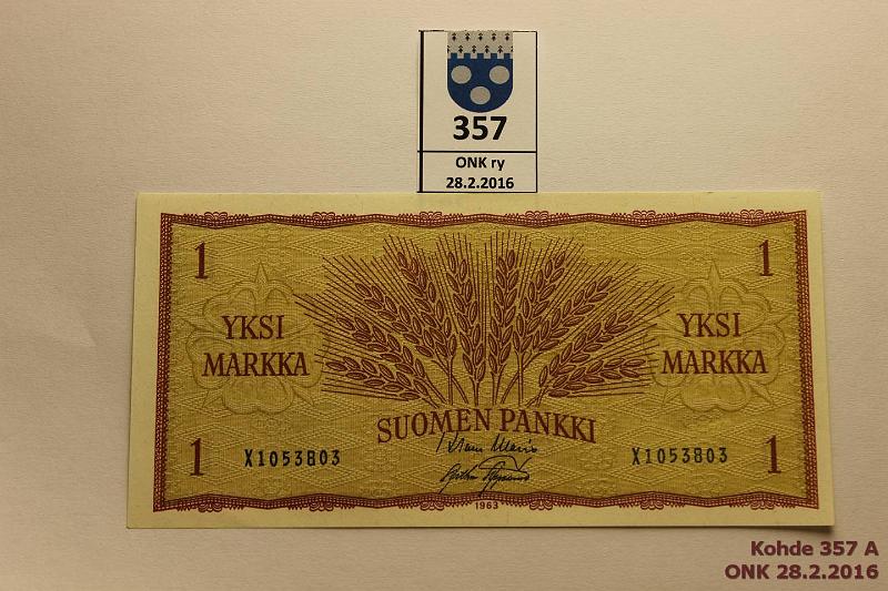 k-0357-a.jpg - Kohde 357, lhthinta: 35 € / myyntihinta: 35 € 1 mk 1963 SNY 114.1 X1053803 WAR- Aas, nurkassa hento painauma, kunto: 9