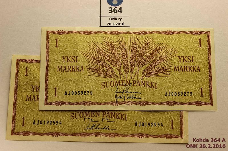 k-0364-a.jpg - Kohde 364, l�ht�hinta: 15 &euro; / myyntihinta: 26 &euro; 1 mk 1963 (2) SNY 114.1 AJ0192554 RO II-Luu, AJ0039275 LEI-Vou, molemmissa harv. ak pari (v), kunto: 5, 4