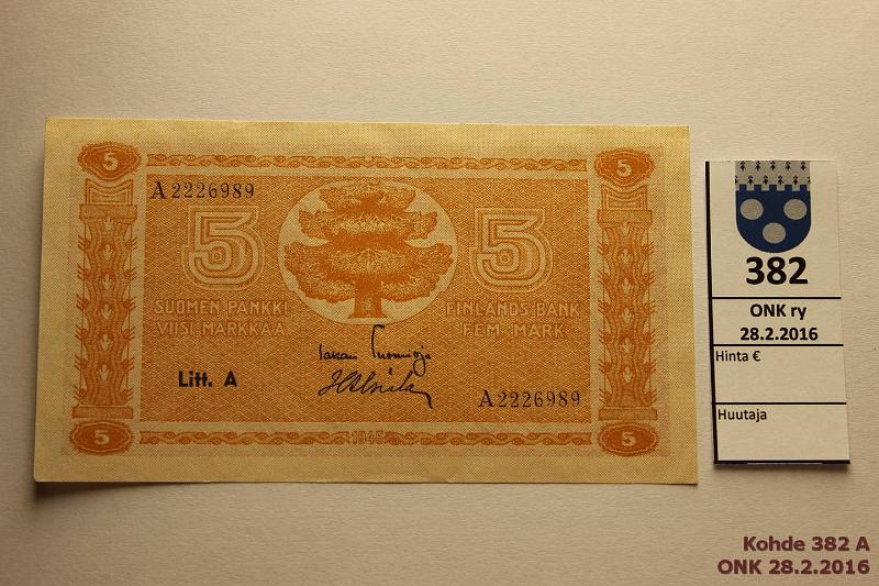 k-0382-a.jpg - Kohde 382, lhthinta: 8 € / myyntihinta: 10 € 5 mk 1945 LA SNY 134.1 A2226989 TUO-Als, kunto: 8