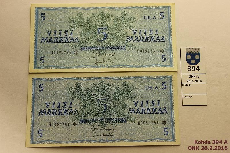 k-0394-a.jpg - Kohde 394, l�ht�hinta: 5 &euro; / myyntihinta: 16 &euro; 5 mk 1963 LA B*, * SNY 135.4 B*..KU I-Ara eprep, D* SIM-Ara, kunto: 4, 5
