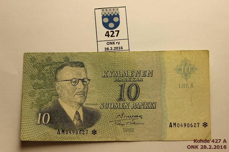 k-0427-a.jpg - Kohde 427, lhthinta: 5 € / myyntihinta: 5 € 10 mk 1963 LA AM* SNY 146.7 AM0490627* SIM-M1, harv. ak pari (v), kunto: 3