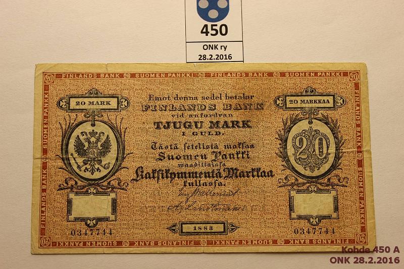 k-0450-a.jpg - Kohde 450 (kuva 1/2), lhthinta: 300 € / myyntihinta: 390 € 20 mk 1883 SNY 152.2 0347744 WAL-Lan, ilman viivoja, prep, tahra, kunto: 3