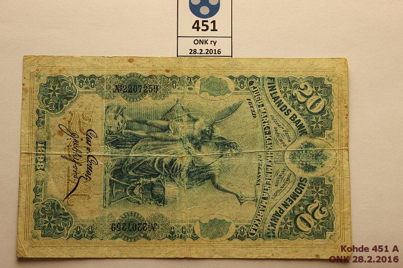 k-0451-a.jpg - Kohde 451 (kuva 1/2), l�ht�hinta: 50 &euro; / myyntihinta: 64 &euro; 20 mk 1898 SNY 154.2 2207259 COL-Ahl, pkulmapuutos, reik�, p.tahroja, kunto: 3