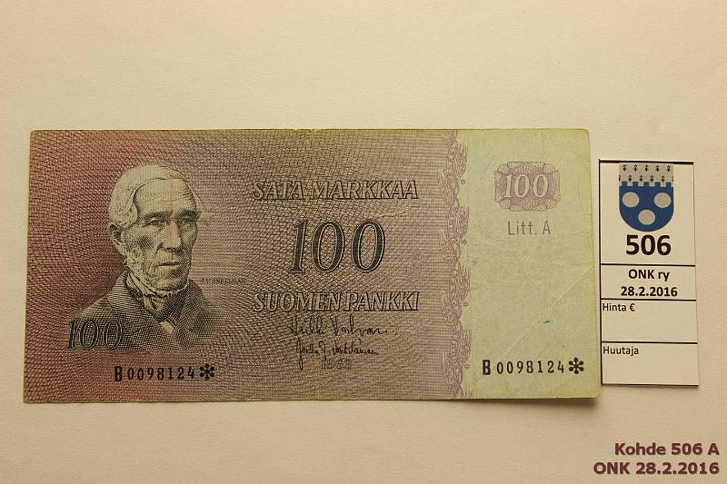 k-0506-a.jpg - Kohde 506, lhthinta: 30 € / myyntihinta: 67 € 100 mk 1963 LA B* SNY 183.4 B0098124* VAL-Vou, kunto: 3