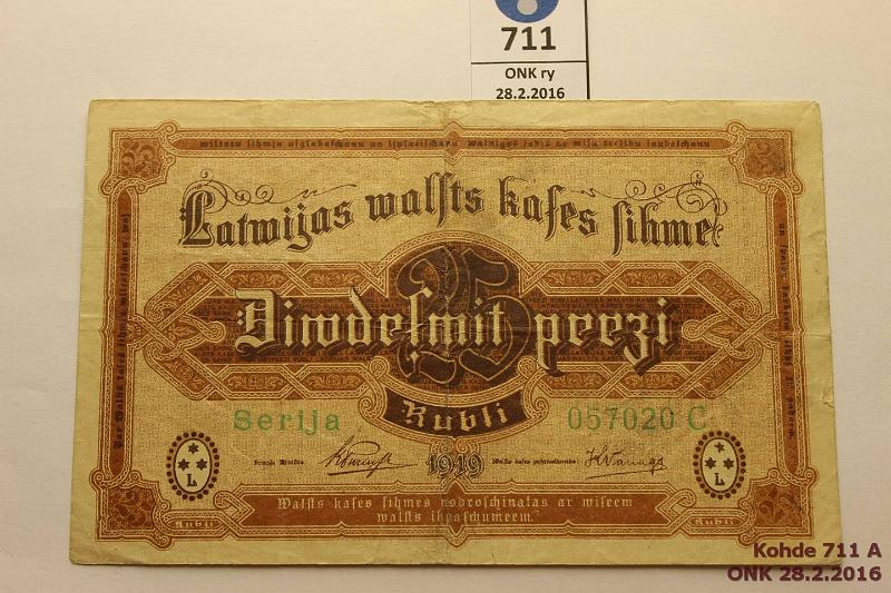 k-0711-a.jpg - Kohde 711, l�ht�hinta: 25 &euro; / myyntihinta: 29 &euro; Latvia 25 rubli 1919 P#5e Serija C, prep, kunto: 4
