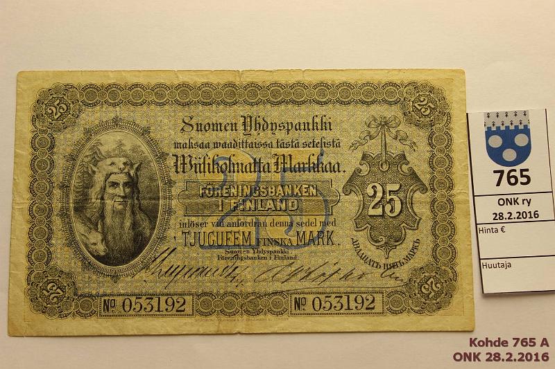k-0765-a.jpg - Kohde 765 (kuva 1/3), lhthinta: 1200 € / myyntihinta: 1200 € 25 mk 1882 SYP 053192, rep, ex.SNY 2/04 kl4. 34 kpl tunnetaan!, kunto: 3