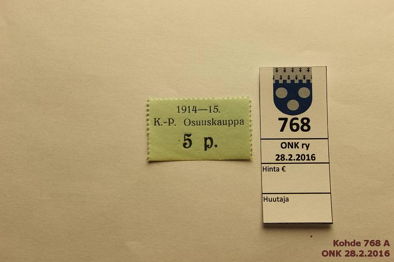 k-0768-a.jpg - Kohde 768, lhthinta: 5 € 5 p. 1914-15 K.P. Osuuskauppa, 3 sivua hammastettu, kunto: 9