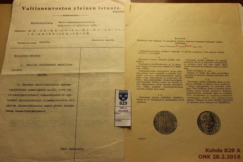 k-0829-a.jpg - Kohde 829, lhthinta: 10 € Raha-asetus dokumetti 1962, -75 VV-ministerin ehdotus Valtioneuvostolle asetukseksi metallirahoista 1962, ministeri Sarjala. VV-ministerin esitys (ja asetus) UKK 75v juhlarahasta 1975, kunto: 7