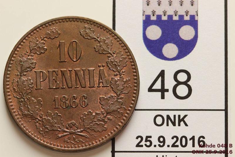 k-0048-b.jpg - Kohde 48 (kuva 2/2), l�ht�hinta: 900 &euro; / myyntihinta: 920 &euro; 10 p 1866 Virheet�n, osin leimakiiltoinen raha. Eritt�in kaunis! Harvinainen kunto t�lle vuodelle!, kunto: 8