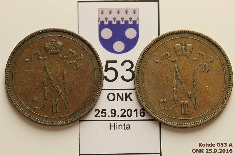 k-0053-a.jpg - Kohde 53 (kuva 1/2), lhthinta: 5 € / myyntihinta: 5 € 10 p 1895, -96 SNY 152, 153.2. 1895 eprvja, 1896 kuutonen vinossa, epij, kunto: 4, 4
