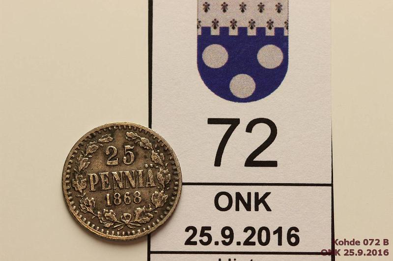 k-0072-b.jpg - Kohde 72 (kuva 2/2), lhthinta: 180 € / myyntihinta: 180 € 25 p 1868 Ag, SNY 268.2.1, lpuhd, hyv tlle vuodelle!, kunto: 4