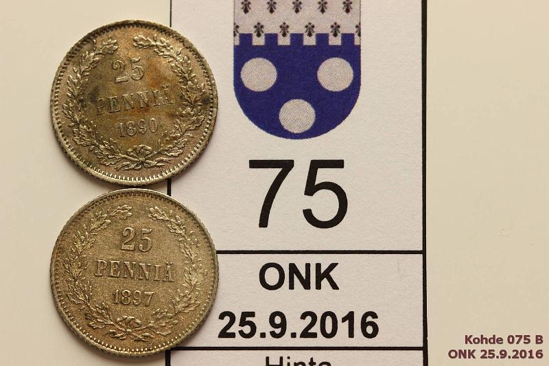 k-0075-b.jpg - Kohde 75 (kuva 2/2), lhthinta: 15 € / myyntihinta: 26 € 25 p 1890, -97 Ag, hnja, patinaa, -90 hom. Siistit!, kunto: 7, 7