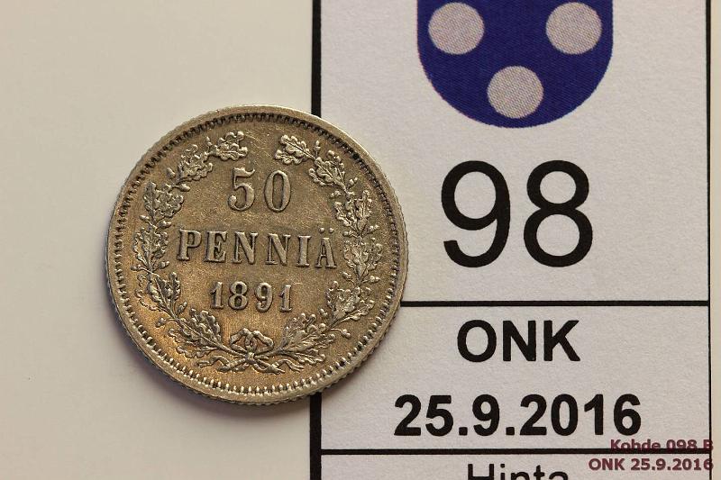 k-0098-b.jpg - Kohde 98 (kuva 2/2), lhthinta: 30 € / myyntihinta: 30 € 50 p 1891 Ag, kunto: 7/8