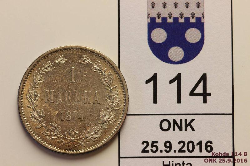 k-0114-b.jpg - Kohde 114 (kuva 2/2), lhthinta: 70 € / myyntihinta: 73 € 1 mk 1874 Ag, arvop. hnja, loistelias!, kunto: 9