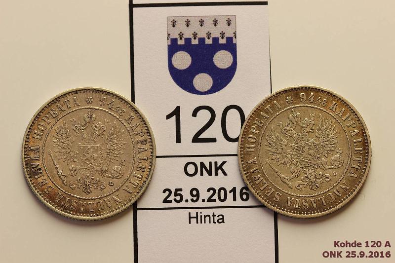 k-0120-a.jpg - Kohde 120 (kuva 1/2), lhthinta: 15 € / myyntihinta: 21 € 1 mk 1907, -08 Ag, patinaa, kunto: 6, 7