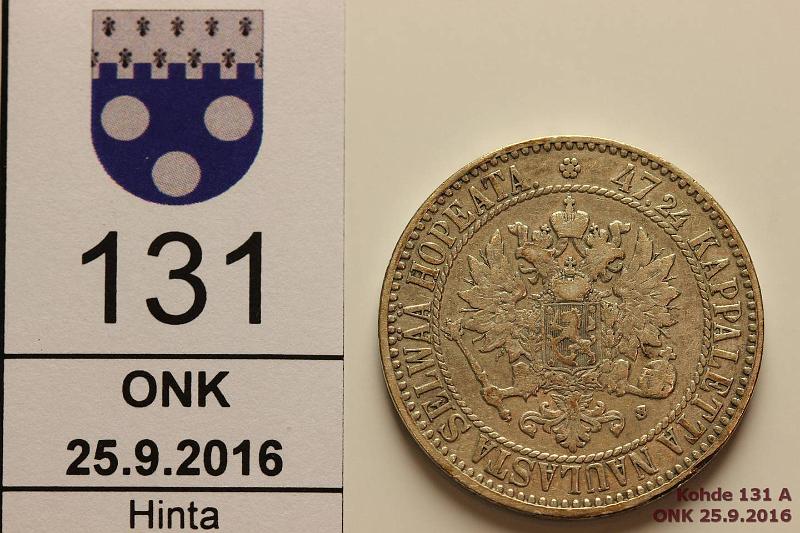k-0131-a.jpg - Kohde 131 (kuva 1/2), l�ht�hinta: 10 &euro; / myyntihinta: 15 &euro; 2 mk 1865 Ag, SNY 493.1, pallot, kunto: 4