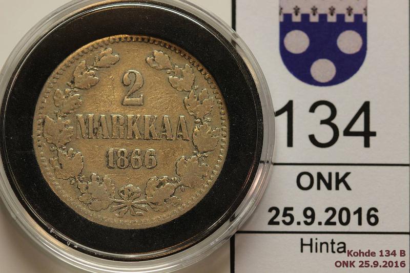 k-0134-b.jpg - Kohde 134 (kuva 2/2), lhthinta: 10 € / myyntihinta: 13 € 2 mk 1866 Ag, SNY 494.1, kapseli, puhd, kunto: 3