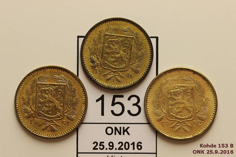 k-0153-b.jpg - Kohde 153 (kuva 2/2), l�ht�hinta: 15 &euro; 5 mk 1946-52 (3) Mess, 1946, -51, -52. Rtgf-analysoituna kaikki messinki�, kauniit kansiokappaleet!, kunto: 7-8