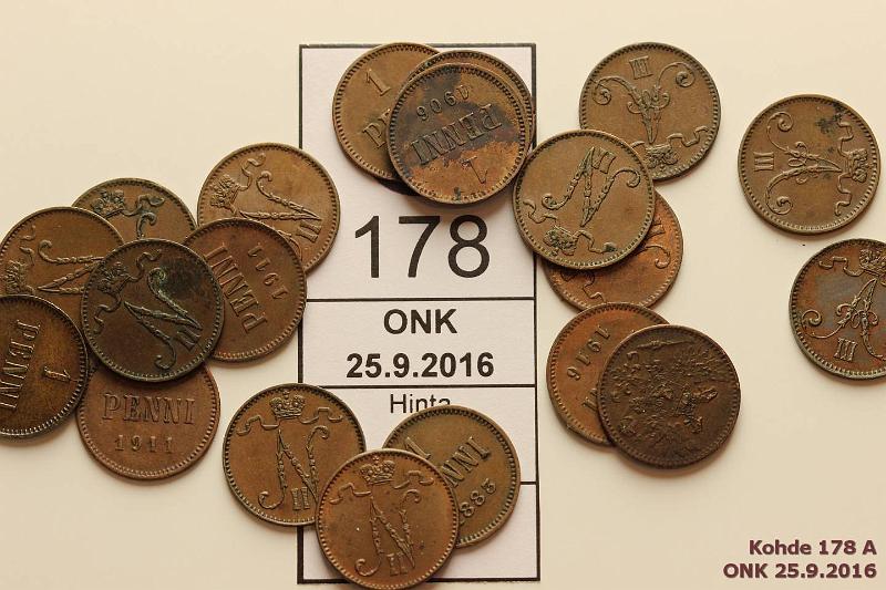 k-0178-a.jpg - Kohde 178, lhthinta: 10 € / myyntihinta: 24 € 1 p 1883-1917 (20) Cu, 1883, -91, -92, -93(2), -98, -99, 1900, -05, -06(2), -07, -09, -11(2), -12, -14, -16(2), -17, kunto: 4-6