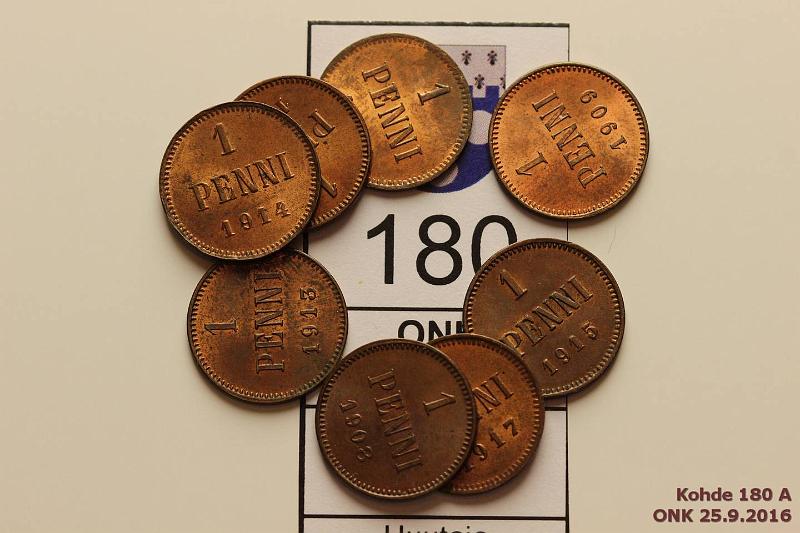 k-0180-a.jpg - Kohde 180, lhthinta: 8 € / myyntihinta: 13 € 1 p 1908-1917 (8) Cu, 1908, -09, -13, -14, -15(2), -16, -17, leimakiiltoa, kunto: 8