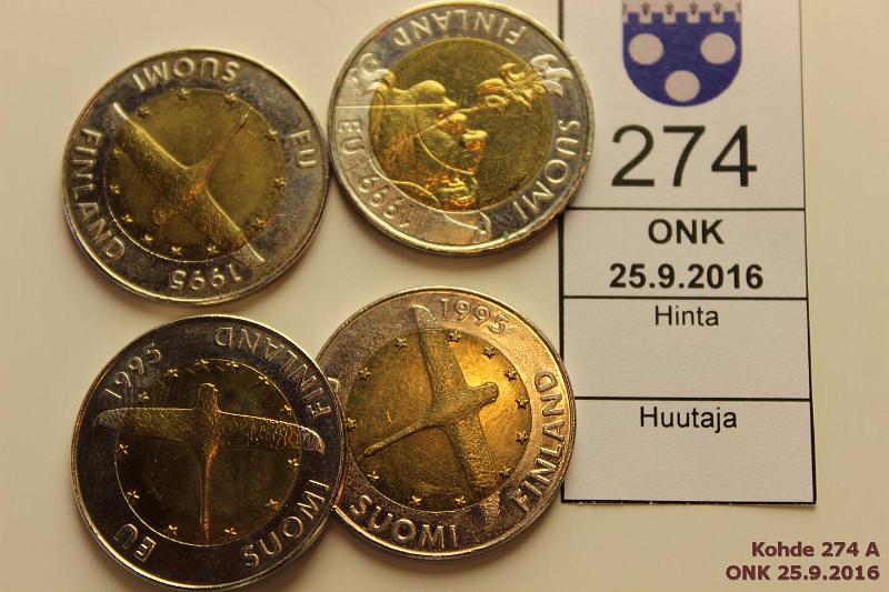 k-0274-a.jpg - Kohde 274, l�ht�hinta: 5 &euro; / myyntihinta: 10 &euro; 10 mk 1995, -99 (4) CuNi, 10mk 1995 EU joutsen(3), 1999 EU liekinpuhaltaja, kunto: 8-9