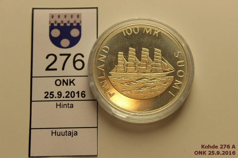 k-0276-a.jpg - Kohde 276, l�ht�hinta: 10 &euro; / myyntihinta: 10 &euro; 100 mk 1991 Ag, BU, Ahvenanmaa, kapseli halki, kunto: 9