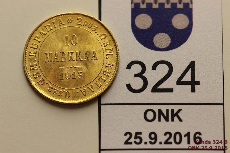 k-0324-b.jpg - Kohde 324 (kuva 2/2), lhthinta: 200 € / myyntihinta: 215 € 10 mk 1913 Au, eprvja, kunto: 8/9