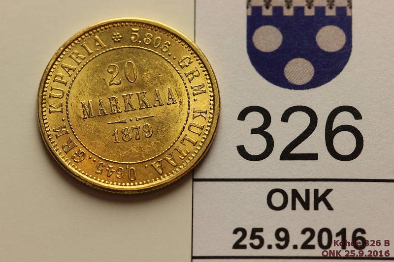 k-0326-b.jpg - Kohde 326 (kuva 2/2), l�ht�hinta: 250 &euro; / myyntihinta: 300 &euro; 20 mk 1879 Au, hnja, kunto: 9/8
