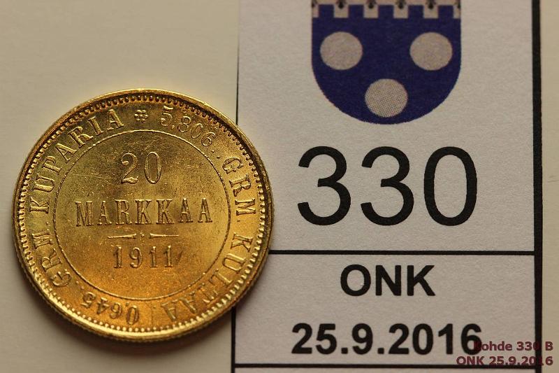 k-0330-b.jpg - Kohde 330 (kuva 2/2), lhthinta: 250 € / myyntihinta: 350 € 20 mk 1911 Au, hnja, kunto: 9
