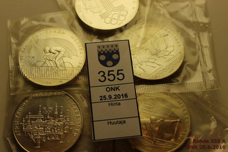 k-0355-a.jpg - Kohde 355, lhthinta: 40 € / myyntihinta: 87 € Neuvostoliitto 10 rbl (5) 1977-78 Y#149-160 Ag, 5 x 33,3g/900 Moskova. Leningrad mint; Moskova, Olympia, pyrily, Moscow mint: kanoottimelonta, equestrial sports. Muovifolioissa, kunto: 9