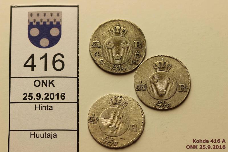 k-0416-a.jpg - Kohde 416, l�ht�hinta: 15 &euro; / myyntihinta: 15 &euro; 1/24 RD (3) 1777-79 KM#519-522 Ag, 1877, -78, -79, kunto: 4