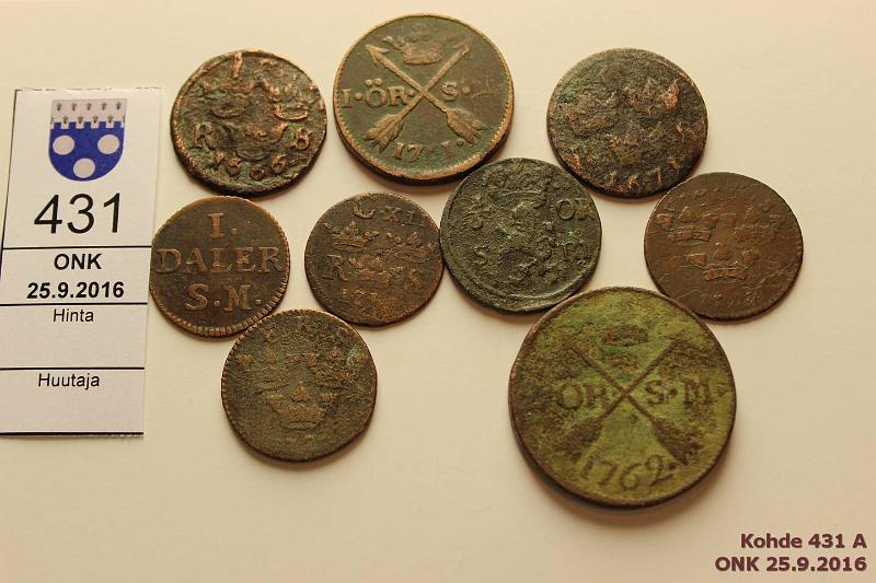 k-0431-a.jpg - Kohde 431, l�ht�hinta: 5 &euro; / myyntihinta: 9 &euro; Er� (9) 1/6 �re - 1 daler 1666-1761 Cu, 1/6� sm 1666, -71, -82(#254), 1716(#334); �� sm 1720(#380); 1� sm 1761(#460); 1� km 1719(#364); 2� sm 1762(#461); 1d sm 1717(#352). Vikoja, kunto: 1-4