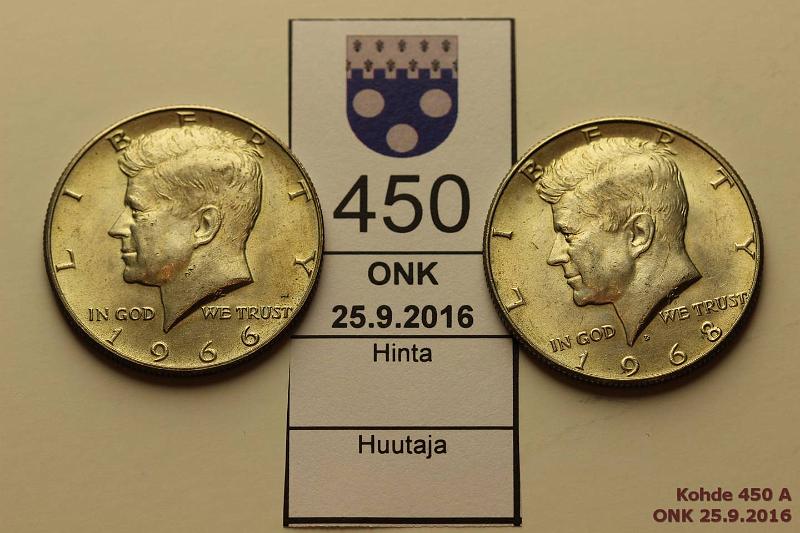 k-0450-a.jpg - Kohde 450, lhthinta: 5 € / myyntihinta: 7 € USA  d (2) 1966, -68D Ag, Kennedy, 1968 raitoja, kunto: 9