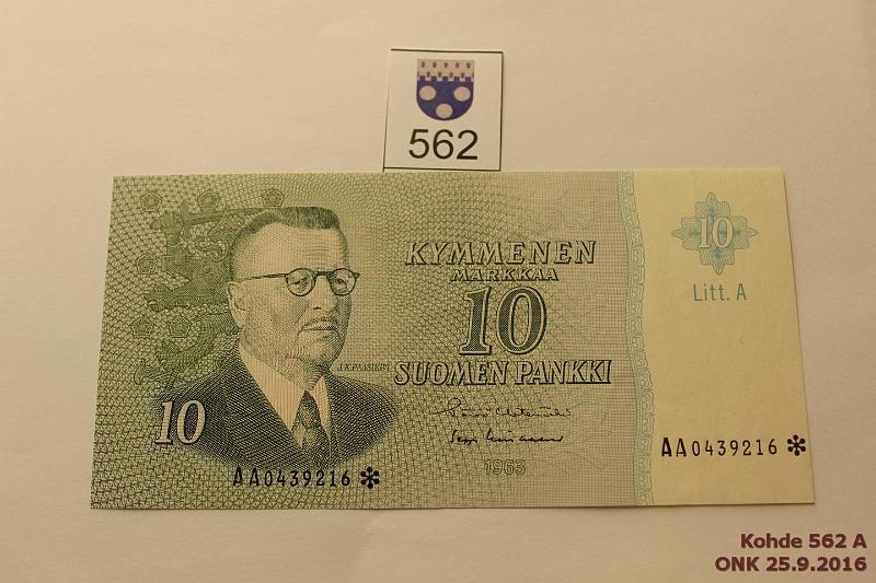 k-0562-a.jpg - Kohde 562, l�ht�hinta: 15 &euro; / myyntihinta: 15 &euro; 10 mk 1963 LA AA* SNY 146.7 AA0439216* HET-Lin, korvaava, kunto: 6